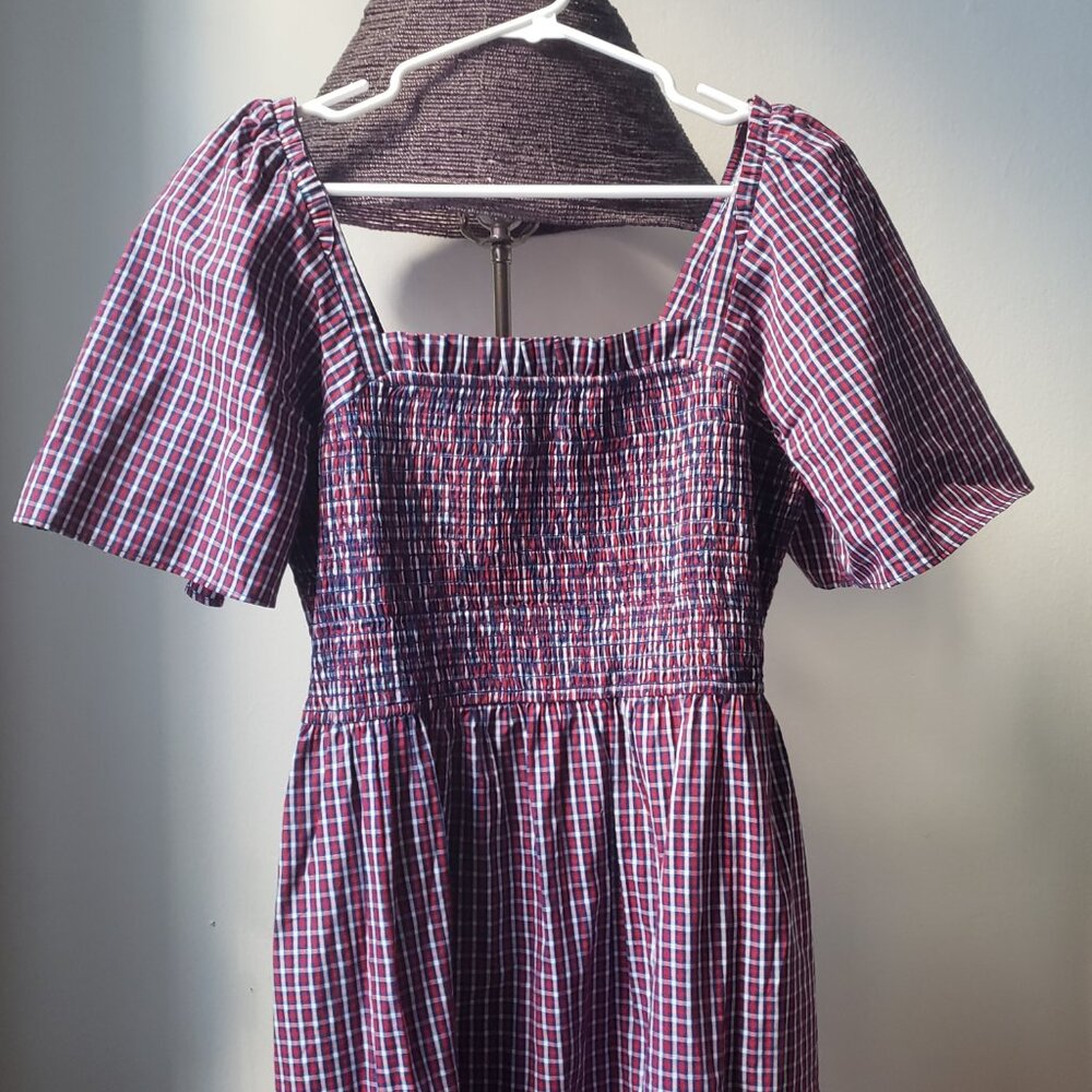 Draper James Smocked Midi Red Plaid Dress M Square Neck Pockets Size L